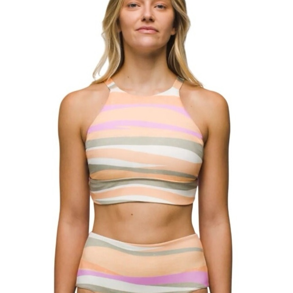 PrAna NWT Marine Street High Neck Swim Bikini Top Orange Stripe Size XS Beach